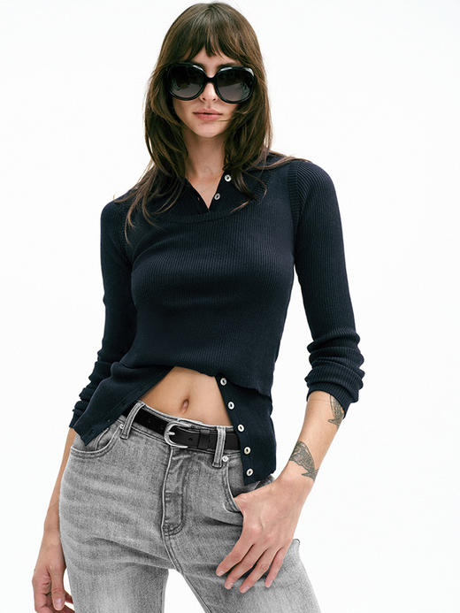 TR她热 雅痞调性 藏蓝色翻领羊毛叠穿复古弹力背心开衫打底 商品图0