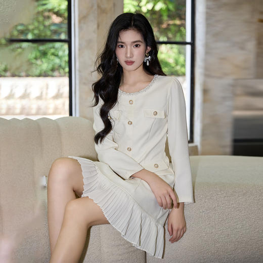 奢姿大码女装2025秋季减龄钉珠百褶拼接连衣裙胖妹妹时尚圆领裙子9953853680 商品图0