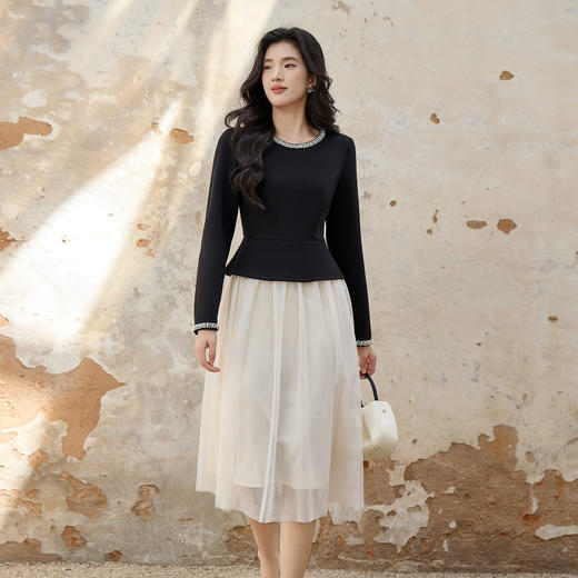 奢姿大码女装2025秋季减龄钉珠假两件拼接连衣裙胖妹妹圆领裙子9953894318 商品图0