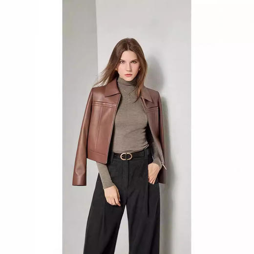 丁摩 真皮绵羊皮短款显瘦正肩方领休闲皮衣女外套夹克671 商品图0