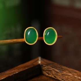 【珠翠·绿玉髓耳钉】敦煌小众新中式925银针镀金镶嵌天然绿玉髓 简约时尚女椭圆形耳钉小众百搭
