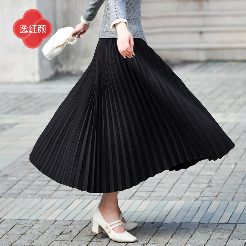逸红颜令颐2025秋冬新品松紧腰弹力针织毛呢多色百搭百褶半身裙女