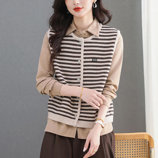 雀说条纹针织马甲外套短款洋气马夹外搭显瘦时髦毛衣开衫背心AL526 商品图2