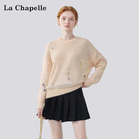 会员福利【绵羊毛+手缝亮片】拉夏贝尔/La Chapelle圆领亮片针织衫女秋季新款洋气软糯百搭毛衣