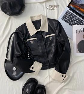 33BAG230396#撞领皮革外套