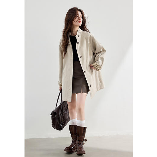 VICTORIA&VERA秋季【尘织象限】格子袖立领风衣卡其色全棉中长款肌理廓形通勤必备 商品图4