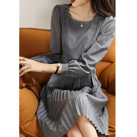 丁摩 秋季新款圆领长袖灰色连衣裙女气质高端女神百褶中裙 5ZF-3251