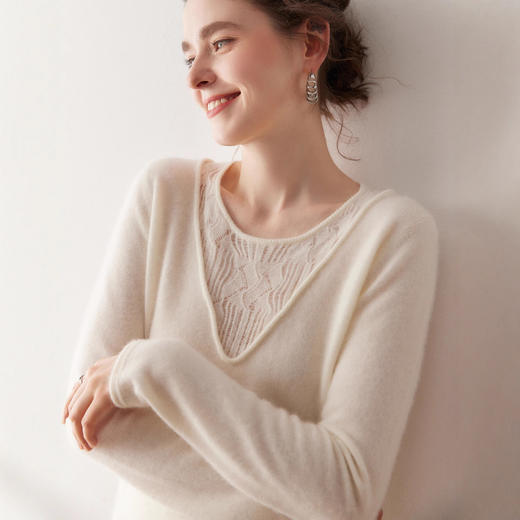 「高货rg」全新升级【铂金会员441/天猫589/差价148】(65201)洛诗琳新款镂空蕾丝拼接羊绒衫2025秋冬气质女人味针织衫 商品图2