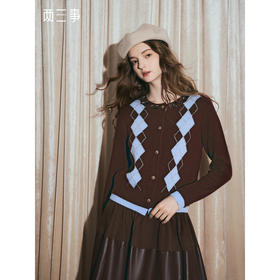 两三事 巴黎课间 2025秋冬新款复古珠片绣撞色菱形格短款针织开衫