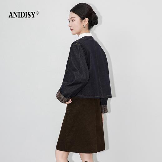 复古拼接圆领长袖单排扣牛仔短款外套 商品图3