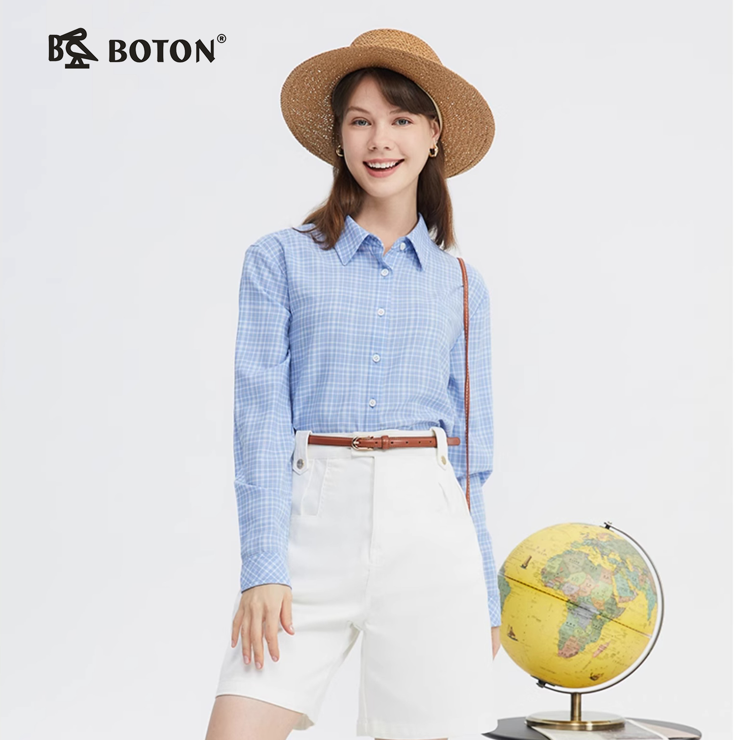 波顿女士春夏蓝白色格子高端美式休闲长袖衬衫LS009124