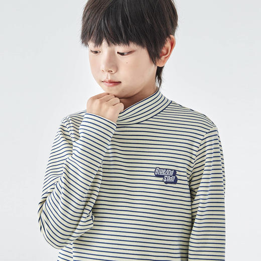 蓝汽水25年冬季新款亲子中大男童条纹T恤打底衫双面绒半高领上衣 商品图1