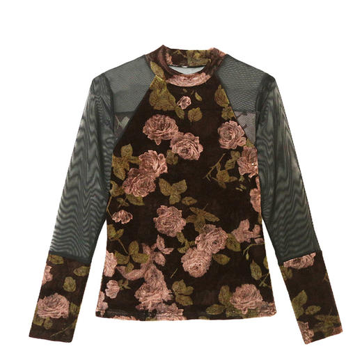 KQLA55F8706 2025秋冬复古印花高领打底衫高级感修身长袖网纱蕾丝上衣前后两穿 商品图4