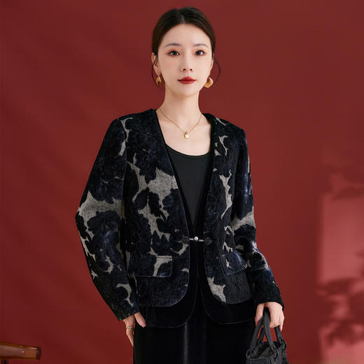 丁摩水墨秋冬新款桑蚕丝丝绒外套简约日常款印花宽松遮肉显瘦女装AL1297 商品图0