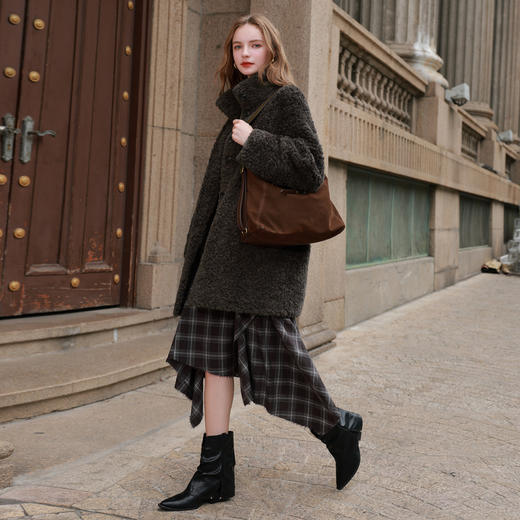 三彩2025冬季新款环保皮草立领毛毛外套宽松中长极简风M 商品图2