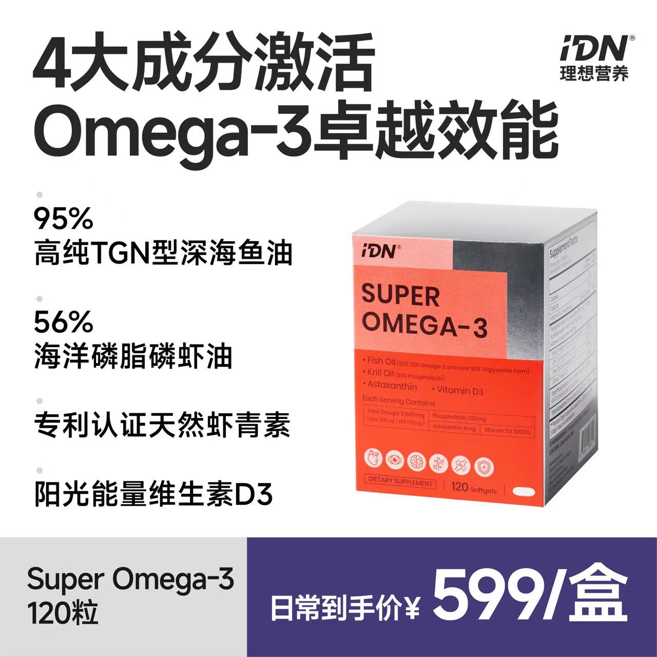 IDN理想营养 | 四大成分复配超级Omega-3鱼油磷虾油 120粒/盒（跨境海淘商品不支持7天无理由退换）