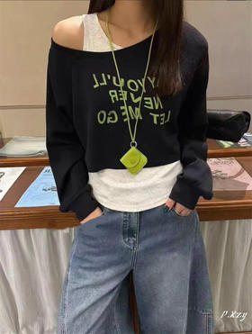 【GZ】无忧购 秋季慵懒风一字领字母T恤女背心长袖打底衫女士二件套T恤8327（截单后3-5天发货）