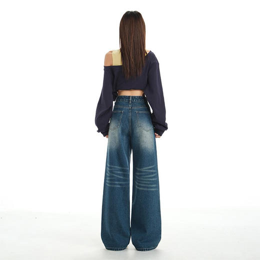 罗蒙女士牛仔裤怀旧色阔腿裤复古宽松垂感直筒裤显瘦慵懒感百搭拖地裤 商品图6