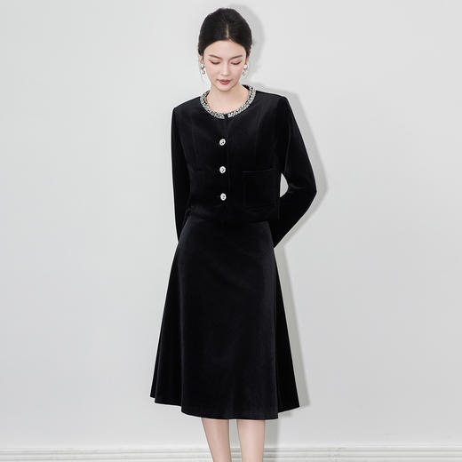 「高货wl」全新升级【铂金会员468/天猫629/差价161】(99047)洛诗琳法式重工钉钻丝绒上衣短外套大摆A字半身裙两件套 商品图0