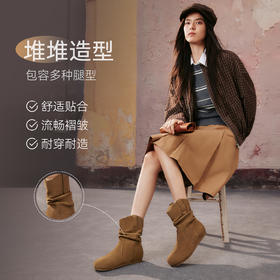 【云粉节】 BF楼百思图2025冬季新款真皮平底西部堆堆靴巴恩风女短靴D3390DZ5吊牌价899.现价369