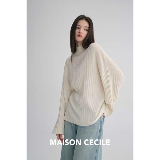 MAISON CECILE 羊绒羊毛针织半高领慵懒感立体条纹灯笼袖针织毛衣 商品图2