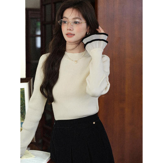 鹿向南「月光织章」长袖杏色针织衫女秋季法式显瘦上衣内搭打底衫 商品图1