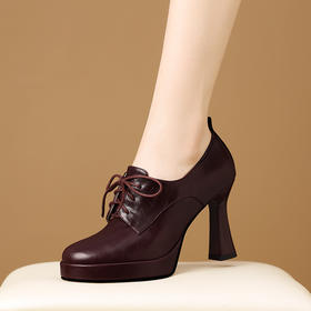 【预售5天】真皮圆头深口粗跟单鞋女高跟鞋春秋季新款时尚系带时装女鞋子HY&H3736