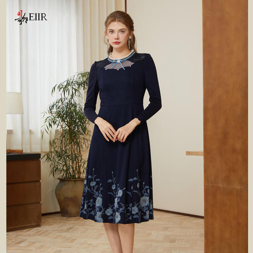 司歌弹力拼毛织收腰冬连衣裙绣花复古优雅A901122X 商品图1