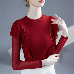雀说新款荷叶边钉珠打底衫网纱长袖洋气时尚女上衣小衫AL36760