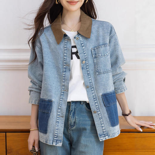 雀说休闲简约翻领拼接牛仔外套新款气质减龄上衣AL5019 商品图0
