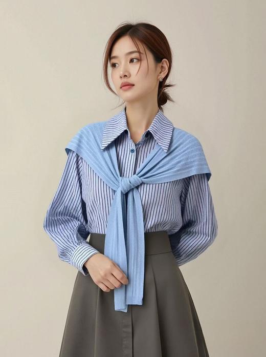 赠送披肩【早秋特卖】6201蓝色100%棉条纹长袖衬衫-喜出 商品图0
