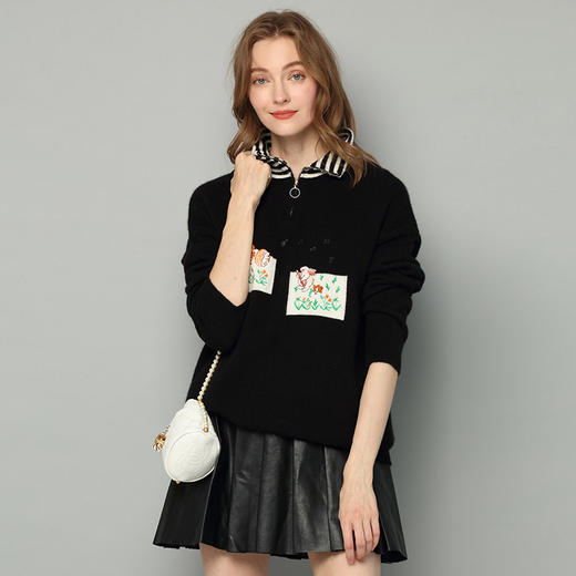 羚荌渼拉链半高领绣花落肩版型女羊绒衫 商品图2