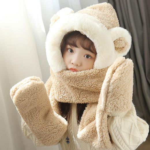 【jennie同款！可爱保暖3合1】小熊帽子三件套围巾手套一体式冬款毛绒百搭保暖成人加厚保暖。ha 商品图3
