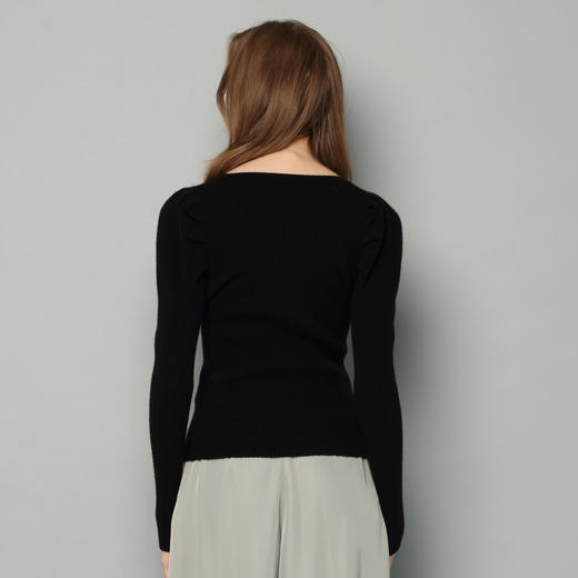 羚荌渼U领气质显瘦抽条加厚黑色羊绒衫女 商品图2