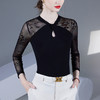 雀说别致镂空网纱拼接打底衫气质修身内搭t恤小衫黑色长袖女上衣AL46983 商品缩略图3