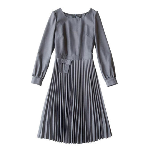 丁摩 秋季新款圆领长袖灰色连衣裙女气质高端女神百褶中裙 5ZF-3251 商品图4