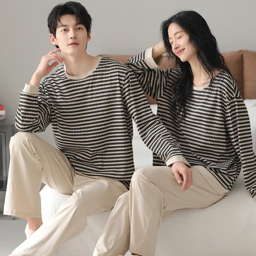雀说 纯棉睡衣情侣春秋季条纹爽棉高级感家居服套装 商品图1