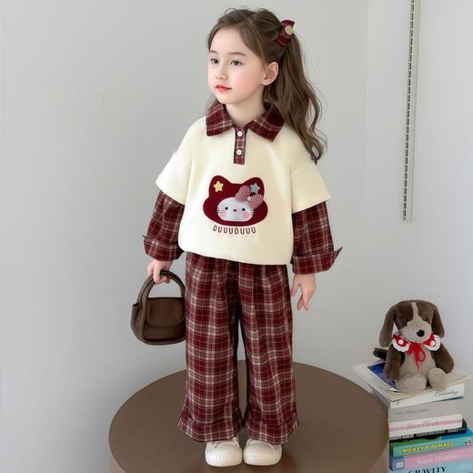 Laffey & Monkey儿童春秋款卫衣套装 女童可爱格子套装 宝宝假两件Polo长袖阔腿裤80-150 商品图2