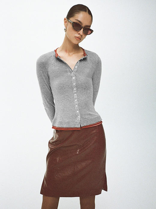 TR她热 智性辣妹 灰红撞色天丝羊毛弹力修身显瘦开衫打底 商品图3