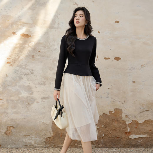 奢姿大码女装2025秋季减龄钉珠假两件拼接连衣裙胖妹妹圆领裙子9953894318 商品图1