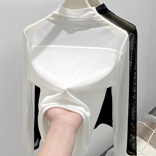 丁摩 半高领蕾丝双层网纱打底衫女长袖t恤黑色修身显瘦内搭上衣女5ZF-825 商品图3