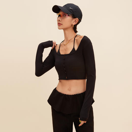 【限时秒】YOGACODE【火树银花系列】猫耳挂脖假两件长袖瑜伽服女带胸垫短款上衣DWT125653 商品图4