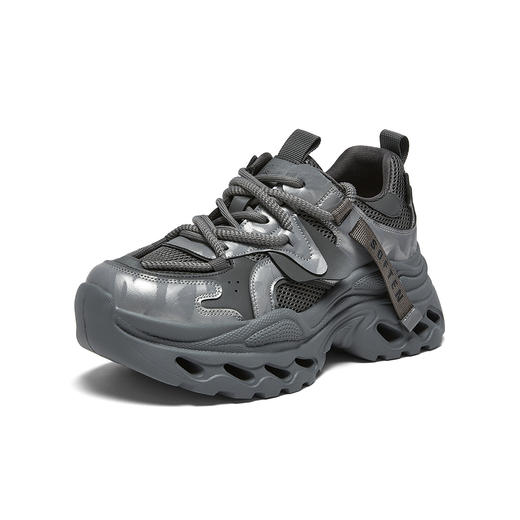 【云粉节】  BF楼百思图2026春季新款老爹鞋厚底增高灰色女运动休闲鞋B9061AM6吊牌价799，现价439 商品图0