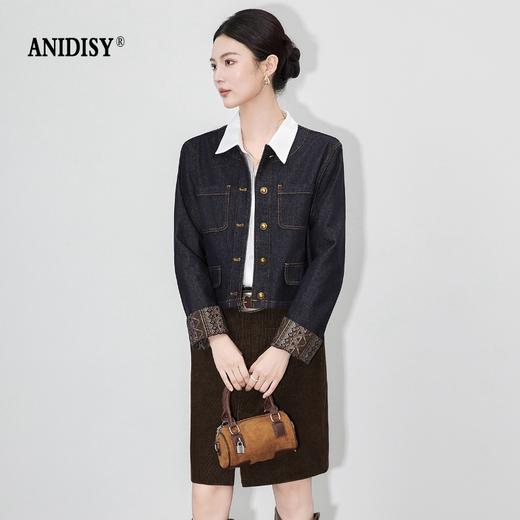 复古拼接圆领长袖单排扣牛仔短款外套 商品图0