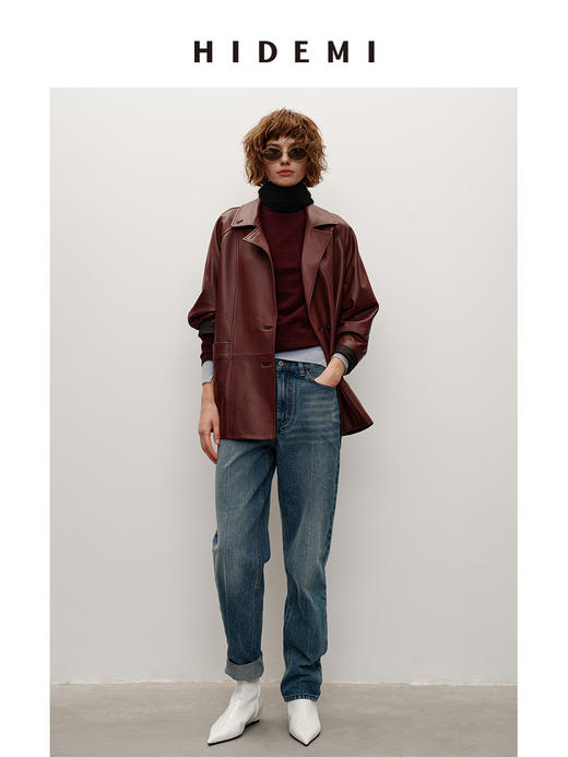 HIDEMI 都市单宁进口多重水洗做旧感挺缝线中腰锥形牛仔裤长裤 商品图4