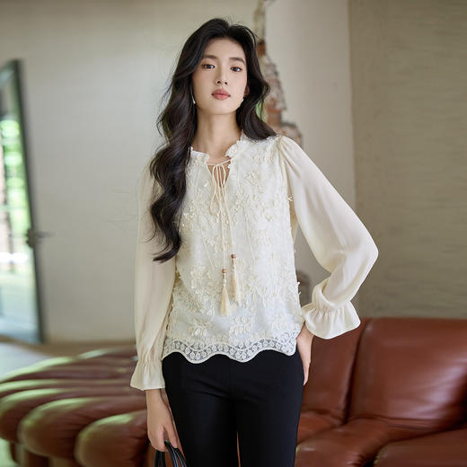 奢姿大码女装2025秋季胖妹妹时尚减龄刺绣系带流苏设计木耳领上衣9953235213 商品图0