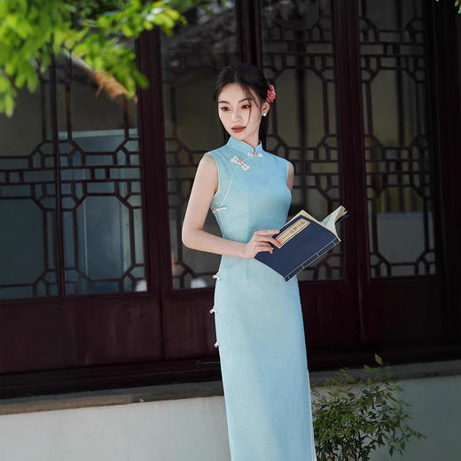 2025春夏新款中国风仿天丝长款复古旗袍女装改良修身连衣裙双层 商品图3