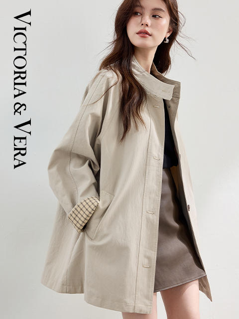 VICTORIA&VERA秋季【尘织象限】格子袖立领风衣卡其色全棉中长款肌理廓形通勤必备 商品图7