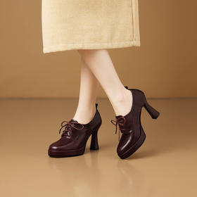 【预售5天】真皮圆头深口粗跟单鞋，时尚系带时装女鞋子HY&H3736