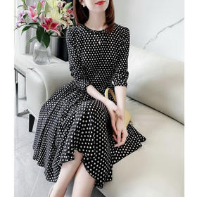丁摩 设计感高端波点连衣裙女秋季新款圆领长袖气质显瘦裙子5ZF-15458